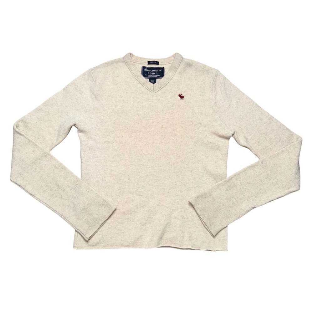 Abercrombie & Fitch V-Neck Sweater Mens Medium Cream Excellent Wool Muscle Fit